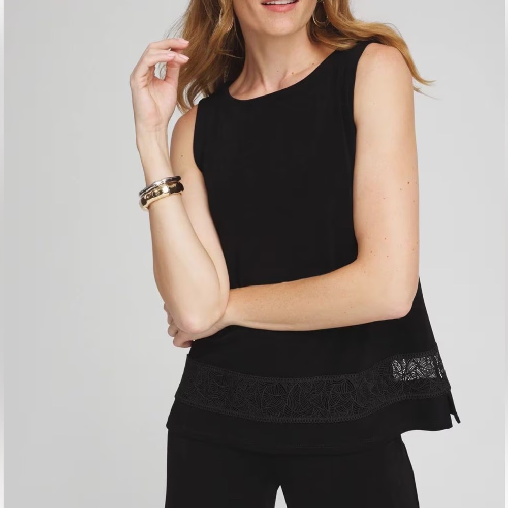 NWT Chico’s Travelers Macrame Trim Tank Black Sz 2 or 12 L